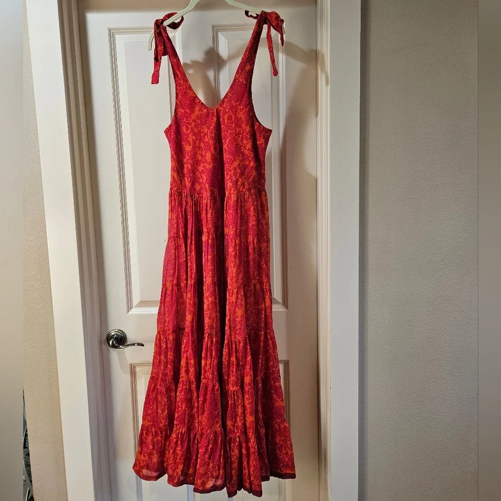 Free People Kikas Printed Midi Dress Cotton Ruffle Tiers Floral Sm Tangerine EUC - Picture 13 of 15